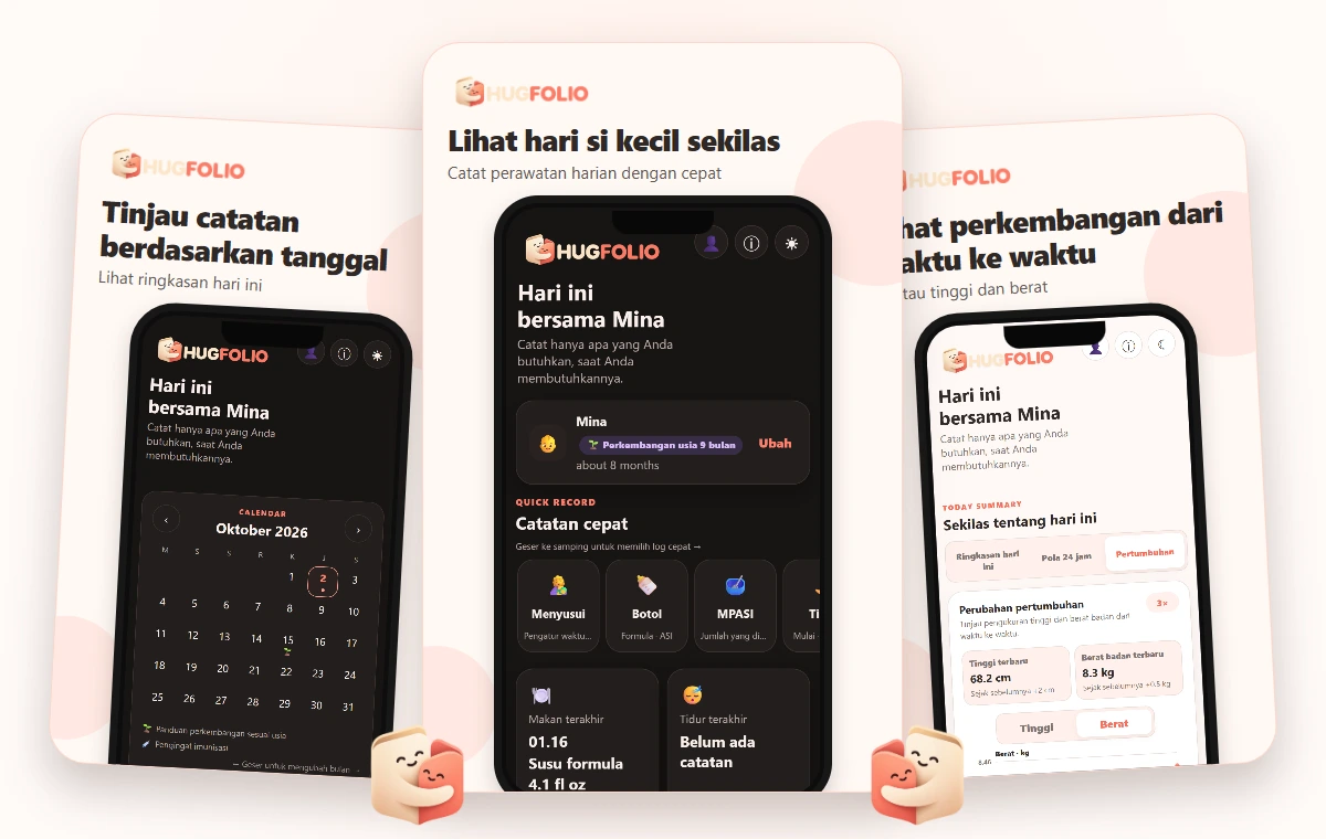 Lihat hari si kecil sekilas · Catat perawatan harian dengan cepat · Tinjau catatan berdasarkan tanggal