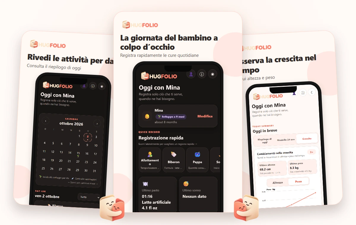 La giornata del bambino a colpo d’occhio · Registra rapidamente le cure quotidiane · Rivedi le attività per data
