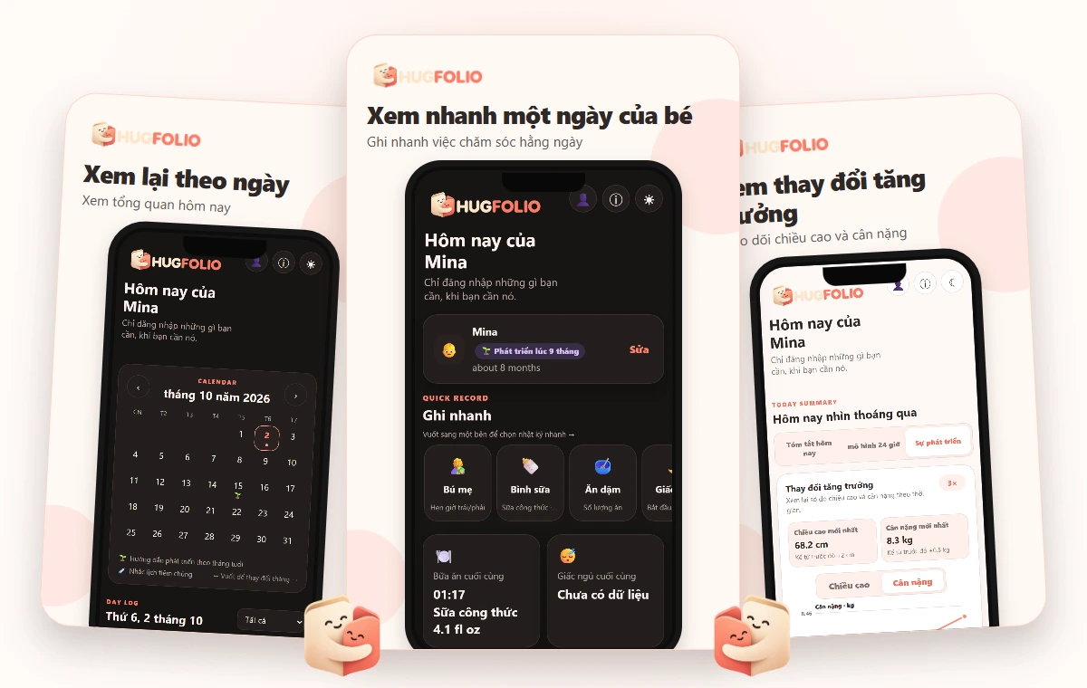 Xem nhanh một ngày của bé · Ghi nhanh việc chăm sóc hằng ngày · Xem lại theo ngày